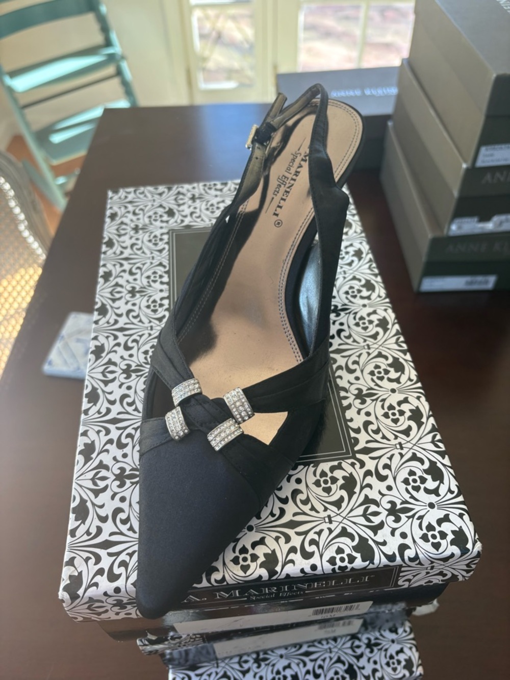 A. Marinelli Black Satin Pointed Toe Slingback Pump with Rhinestone Knots